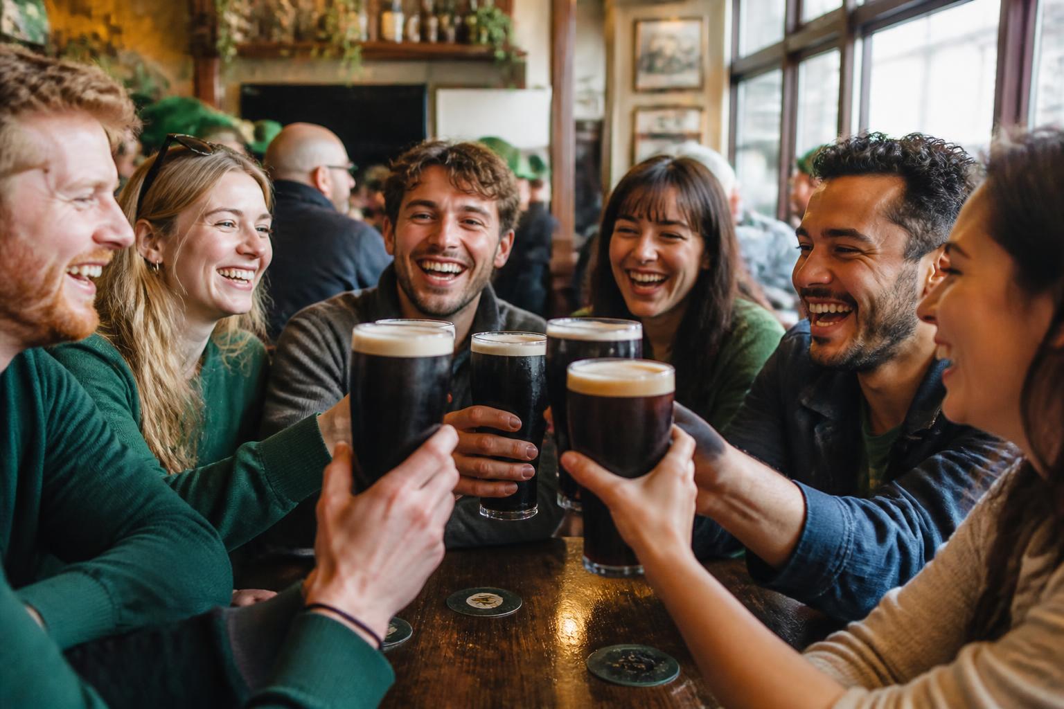 Grupo de amigos brindando com pints de Guinness em um pub irlandês, em clima de comemoração