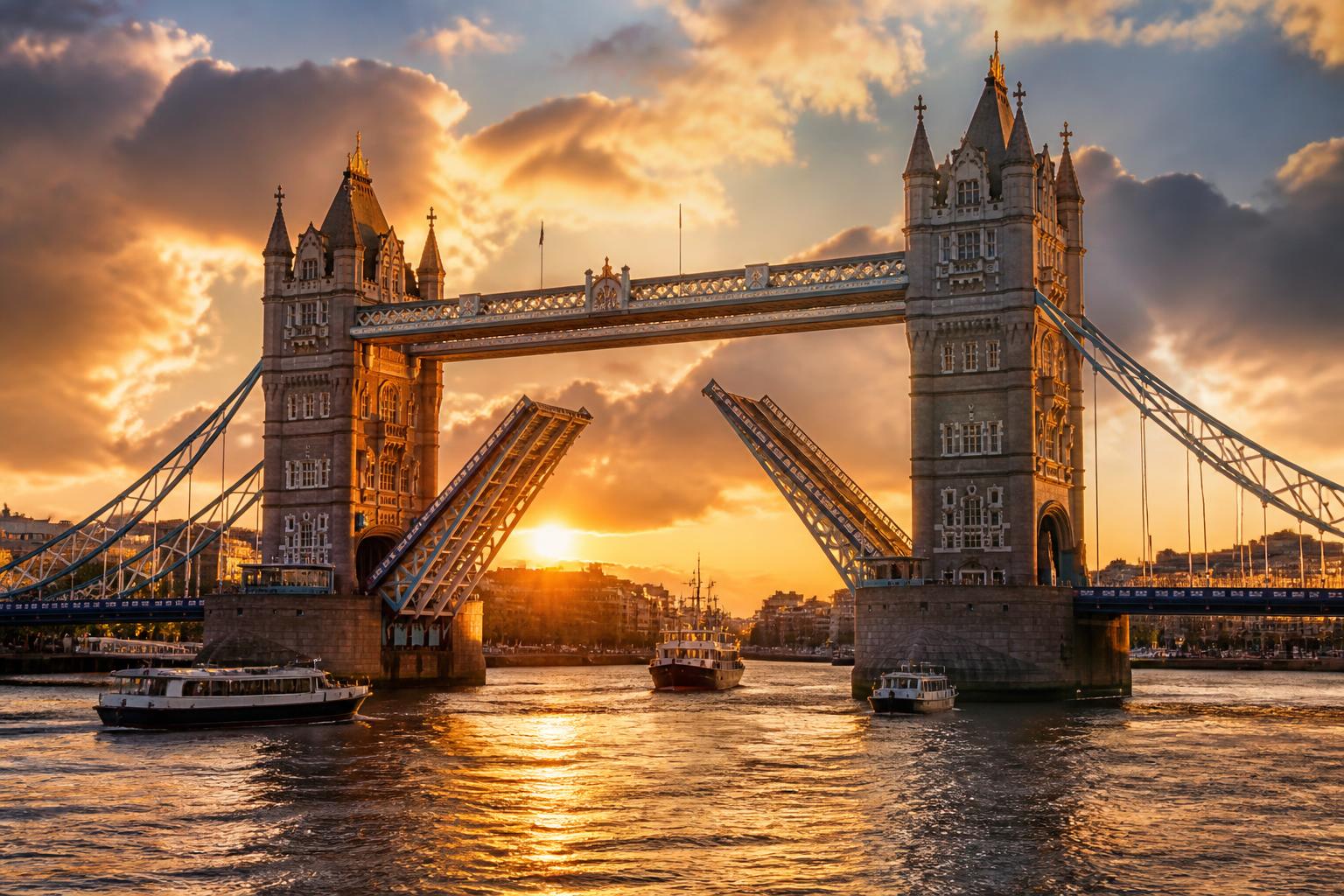 Tower Bridge em Londres ao pôr do sol, com as basculas abertas para a passagem de barcos
