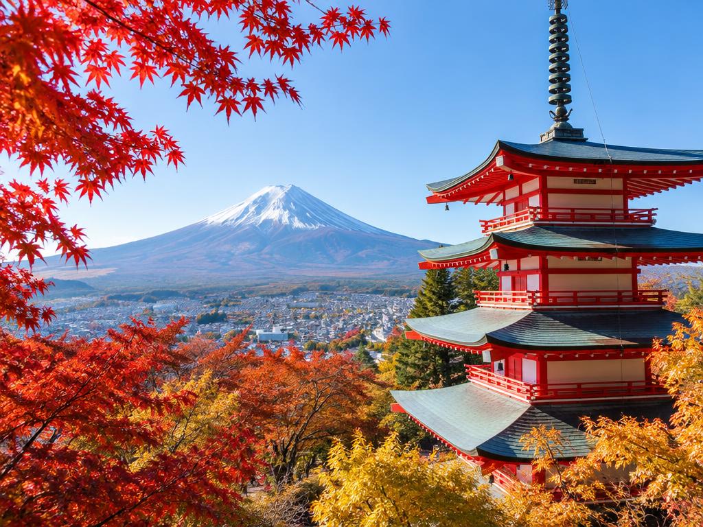 Pagode japonês e Monte Fuji em meio às cores do outono