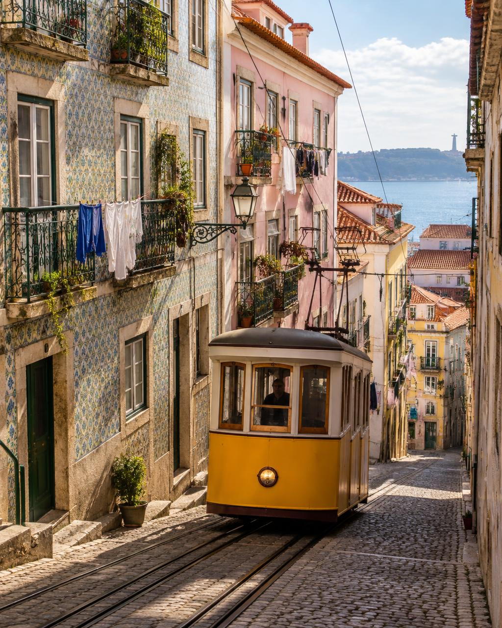 Elevador da Bica subindo uma rua de Lisboa
