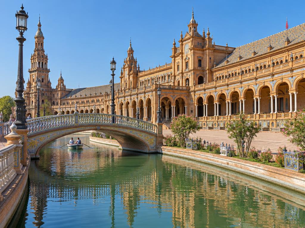Arquitetura e canal da Plaza de España em Sevilha